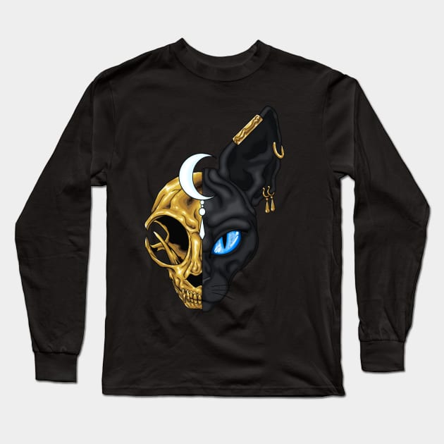 Black sphinx cat with golden skull Long Sleeve T-Shirt by NicsPics